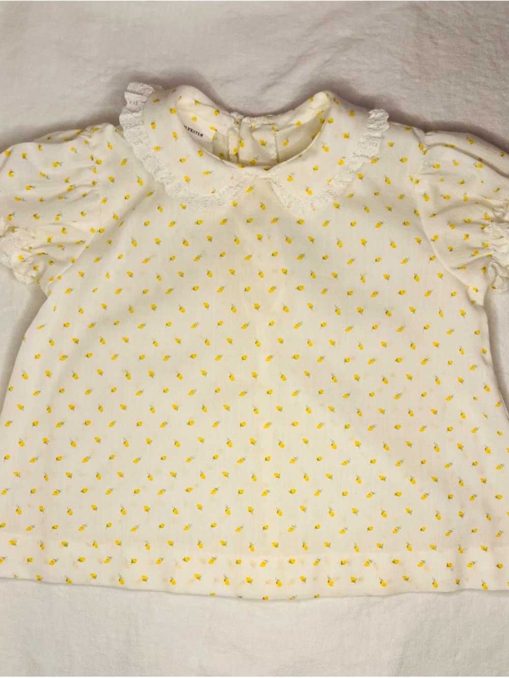 Vintage Infant Baby Girls White & Yellow Rosebud Dress w/ Peter Pan Collar